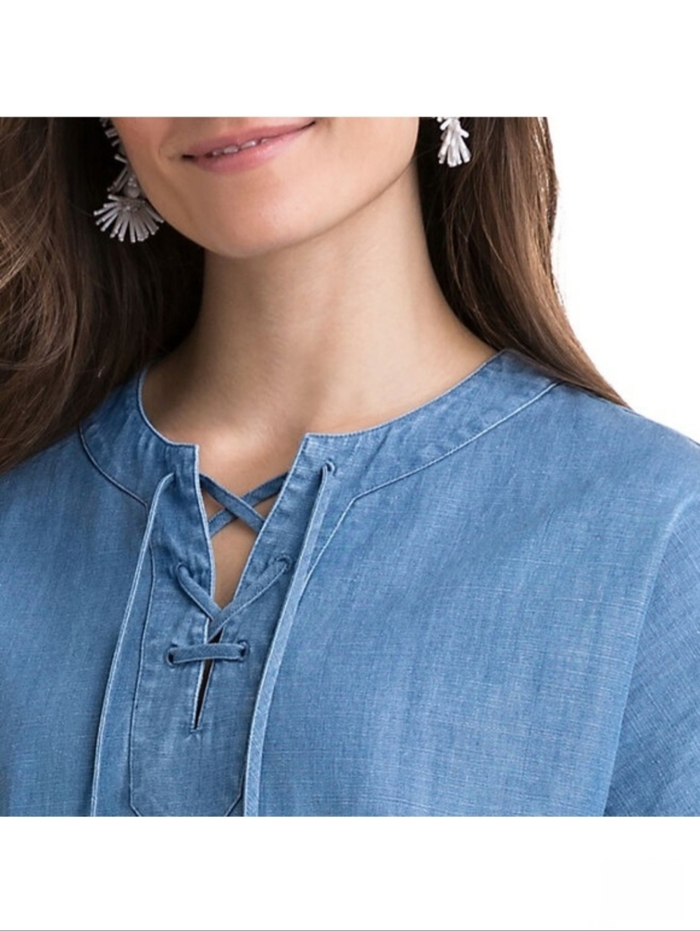 NWT Vineyard Vines "Chambray Flutter Sleeve Lace Up Dress" Blue, Women's Size 0 - Picture 3 of 9